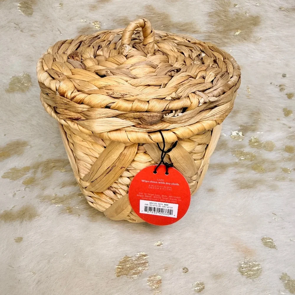Woven Lidded Storage Basket‎ Beige Wicker With Plastic Container 8x6.75